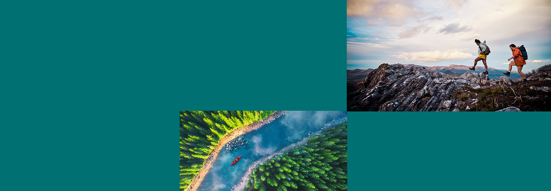 teal background with hiking image and kayaking image