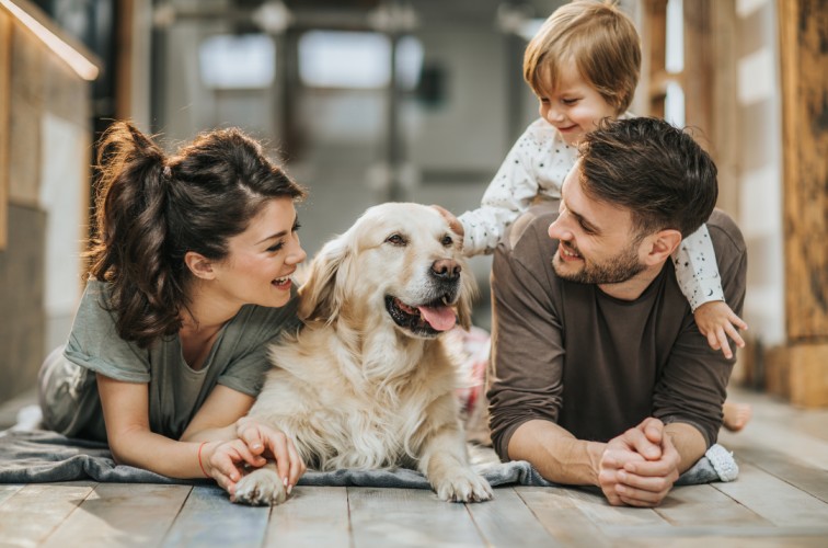 a family and their dog on the floor smiling and playing