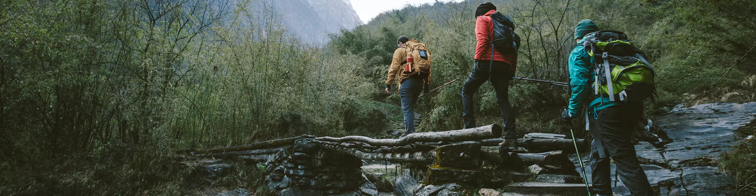 three hikers crossing a maskeshift bridge over a river with mountains in the background