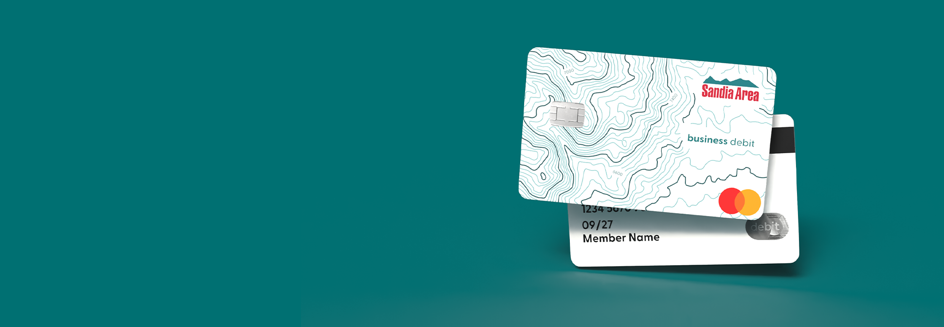 Business debit card image on teal background