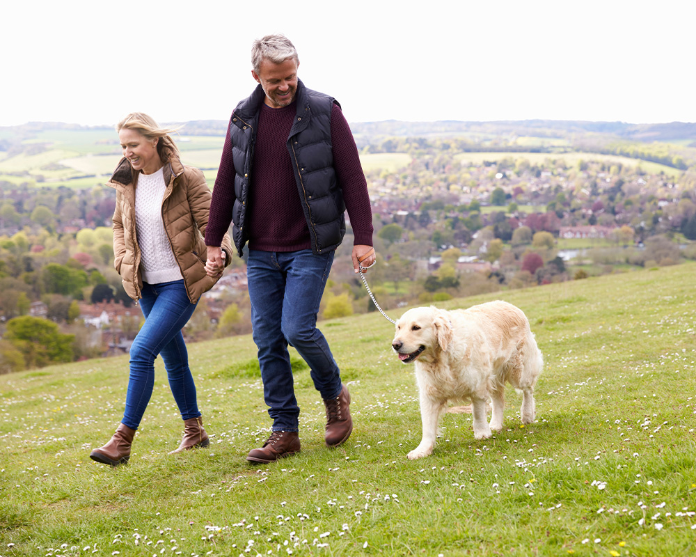 older couple walking their dog on grass hill