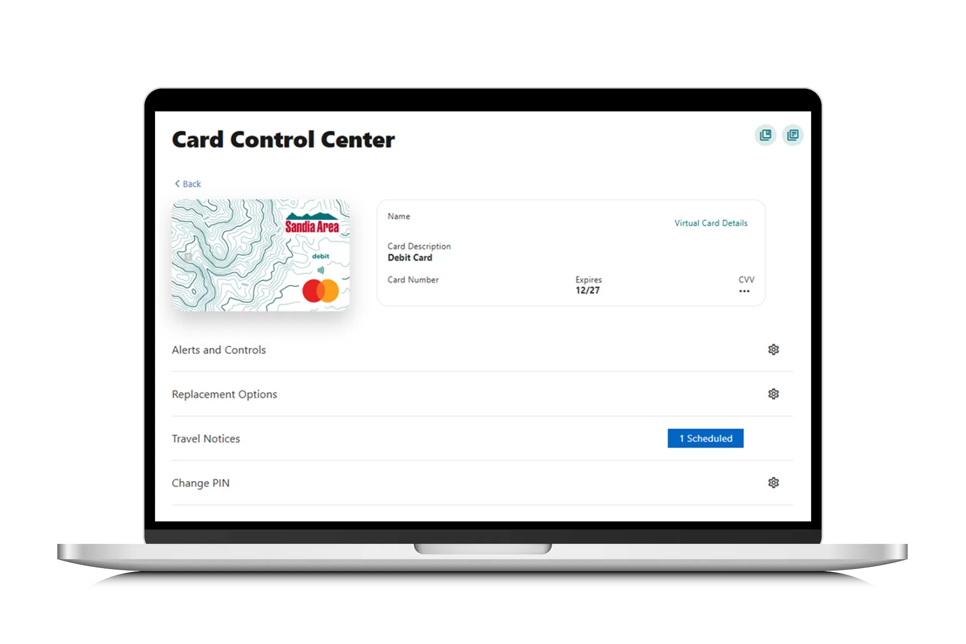card control center screen on laptop