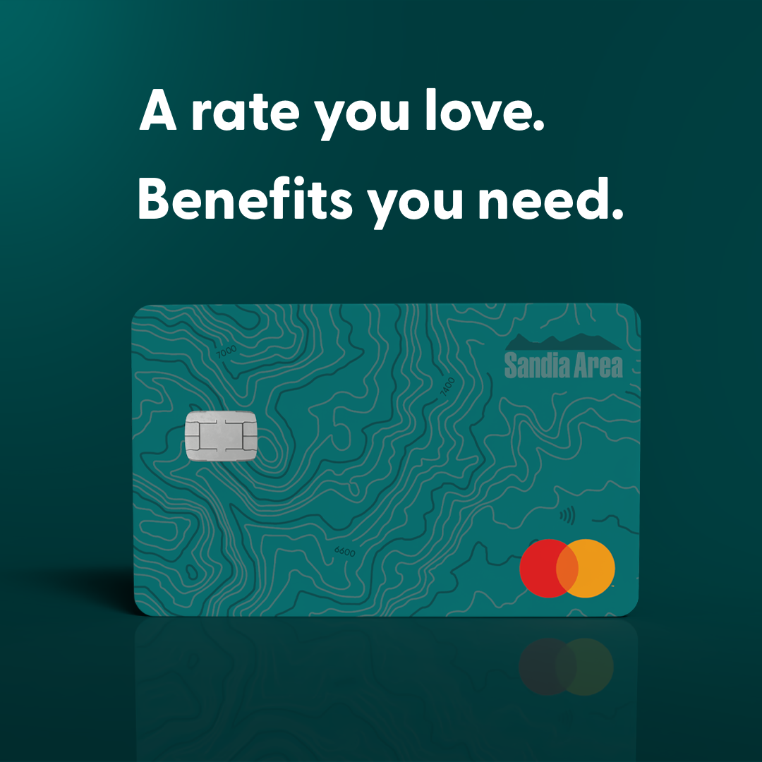 Teal credit card with text "A rate you love, benefits you need."
